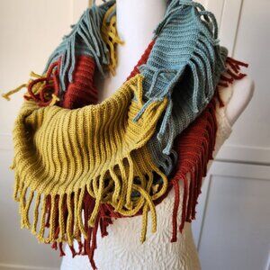 Color Block Knit Circle Scarf Fringe Red Yellow Blue Winter Fall Boho Cozycore